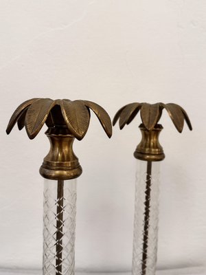 Tall Mid-Century Brass Palm Tree Candleholder with Cut Glass Stem-NOT-1806826