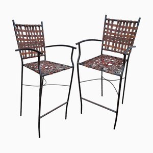 Tall Spanish Wrought Iron and Leather Stools, 1980s, Set of 2-TCS-1419707