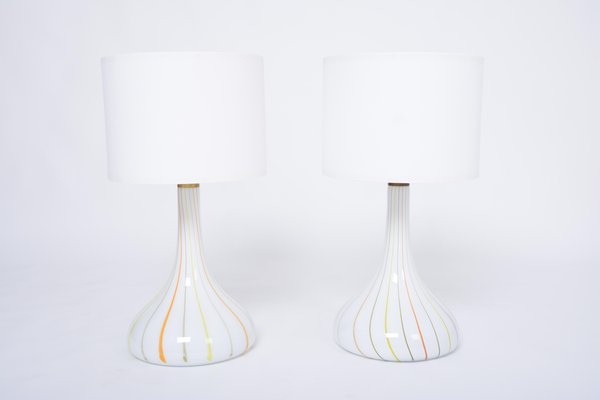 Tall White Glass Model Candy Table Lamps attributed to Holmegaard, 1970s, Set of 2-FN-1394572