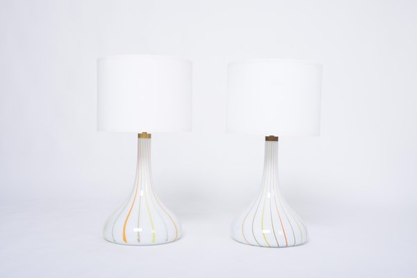 Tall White Glass Model Candy Table Lamps attributed to Holmegaard, 1970s, Set of 2-FN-1394572