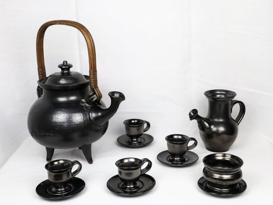 Tea Service in Black Ceramic by Jean Marais, 1980, Set of 7-YBU-1419624