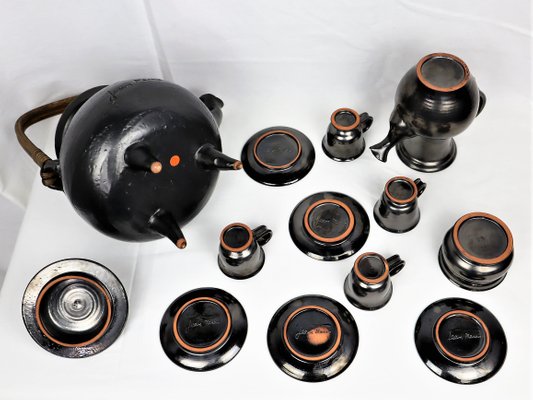 Tea Service in Black Ceramic by Jean Marais, 1980, Set of 7-YBU-1419624