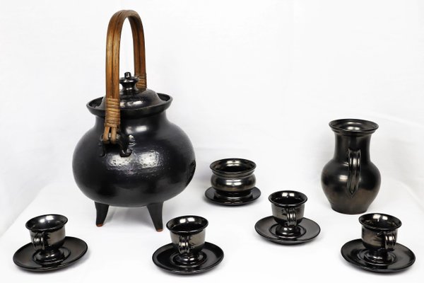 Tea Service in Black Ceramic by Jean Marais, 1980, Set of 7-YBU-1419624