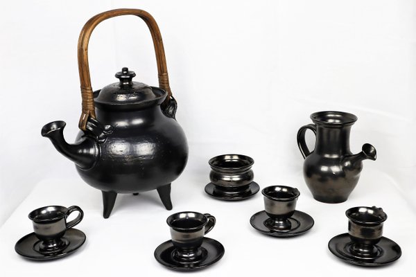 Tea Service in Black Ceramic by Jean Marais, 1980, Set of 7-YBU-1419624