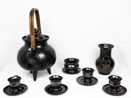 Tea Service in Black Ceramic by Jean Marais, 1980, Set of 7-YBU-1419624