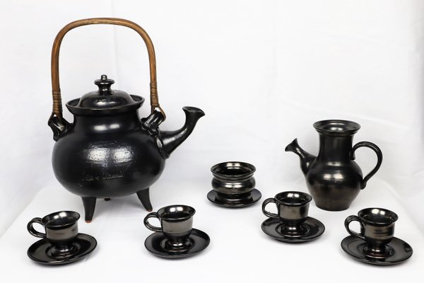 Tea Service in Black Ceramic by Jean Marais, 1980, Set of 7-YBU-1419624