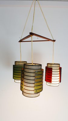 Teak and Metal Triangle Ceiling Lamp with Colored Cylinders, 1970s-KK-1076299