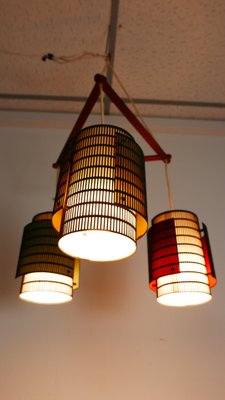 Teak and Metal Triangle Ceiling Lamp with Colored Cylinders, 1970s-KK-1076299