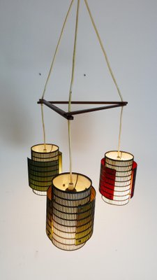 Teak and Metal Triangle Ceiling Lamp with Colored Cylinders, 1970s-KK-1076299