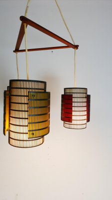 Teak and Metal Triangle Ceiling Lamp with Colored Cylinders, 1970s-KK-1076299