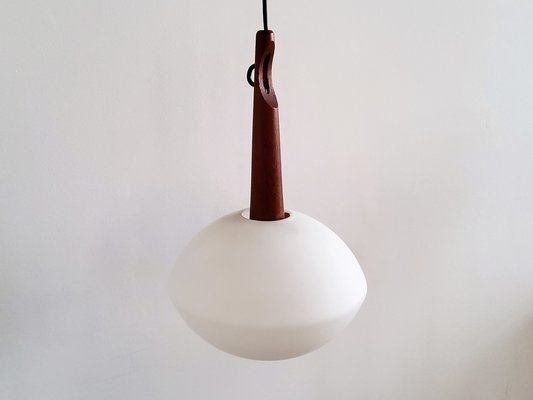 Teak and Opaline Glass Pendant Lamp by Uno and Östen Kristiansson for Luxus, Sweden, 1950s-NV-1095731