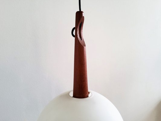 Teak and Opaline Glass Pendant Lamp by Uno and Östen Kristiansson for Luxus, Sweden, 1950s-NV-1095731