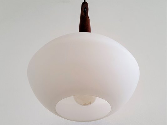 Teak and Opaline Glass Pendant Lamp by Uno and Östen Kristiansson for Luxus, Sweden, 1950s-NV-1095731