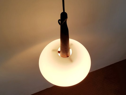 Teak and Opaline Glass Pendant Lamp by Uno and Östen Kristiansson for Luxus, Sweden, 1950s-NV-1095731