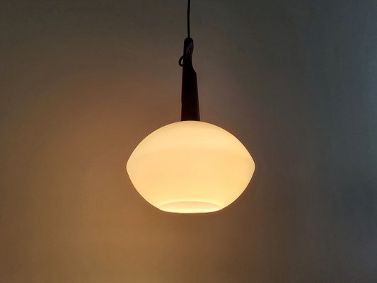 Teak and Opaline Glass Pendant Lamp by Uno and Östen Kristiansson for Luxus, Sweden, 1950s-NV-1095731