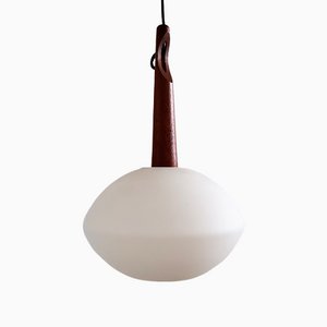 Teak and Opaline Glass Pendant Lamp by Uno and Östen Kristiansson for Luxus, Sweden, 1950s-NV-1095731