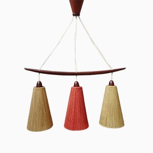 Teak and Sisal Ceiling Lamp in Beige and Dark Red from Temde, 1960s-POM-828026