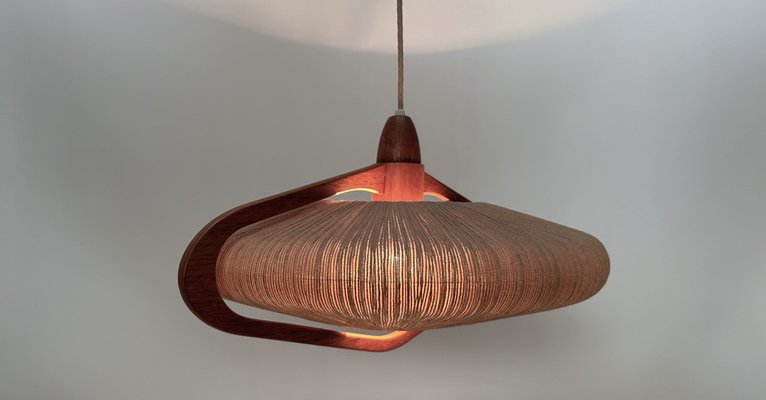 Teak and Sisal Cord Weave Hanging Lamp from Temde Leuchten, 1960s-JP-1820958