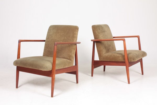 Teak and Velvet Lounge Chairs from C.B. Hansen, 1950s, Set of 2-FK-618397