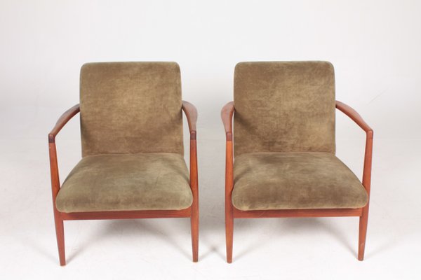 Teak and Velvet Lounge Chairs from C.B. Hansen, 1950s, Set of 2-FK-618397