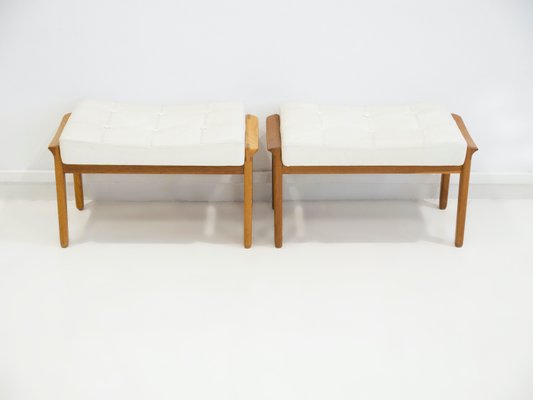 Teak and White Leather Upholstered Ottomans, 1960s, Set of 2-ZYF-1402453