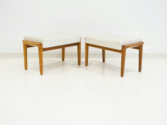 Teak and White Leather Upholstered Ottomans, 1960s, Set of 2-ZYF-1402453