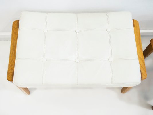 Teak and White Leather Upholstered Ottomans, 1960s, Set of 2-ZYF-1402453