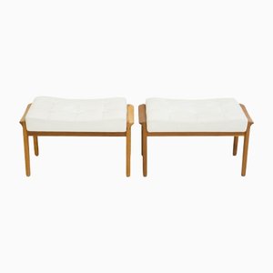 Teak and White Leather Upholstered Ottomans, 1960s, Set of 2-ZYF-1402453