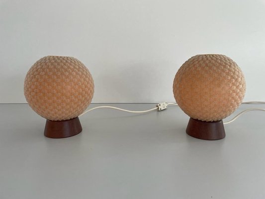 Teak Ball Bedside Lamps with Fabric Shades from Temde, Germany, 1960s, Set of 2-RDS-1725999