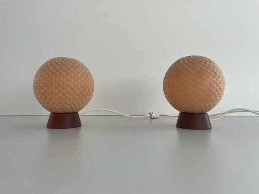 Teak Ball Bedside Lamps with Fabric Shades from Temde, Germany, 1960s, Set of 2-RDS-1725999