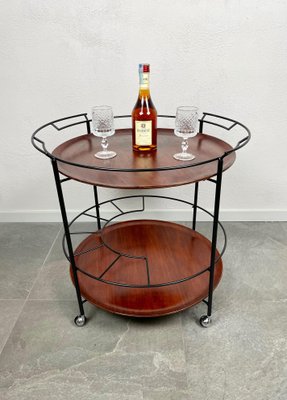 Teak & Black Metal Round Serving Cart Tray, Italy, 1960s-LYQ-1171494