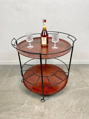 Teak & Black Metal Round Serving Cart Tray, Italy, 1960s-LYQ-1171494