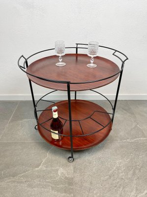 Teak & Black Metal Round Serving Cart Tray, Italy, 1960s-LYQ-1171494