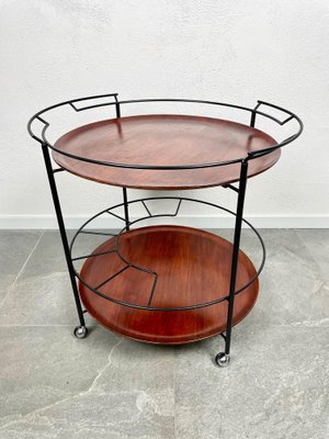 Teak & Black Metal Round Serving Cart Tray, Italy, 1960s-LYQ-1171494