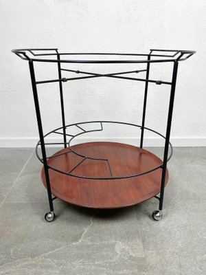 Teak & Black Metal Round Serving Cart Tray, Italy, 1960s-LYQ-1171494