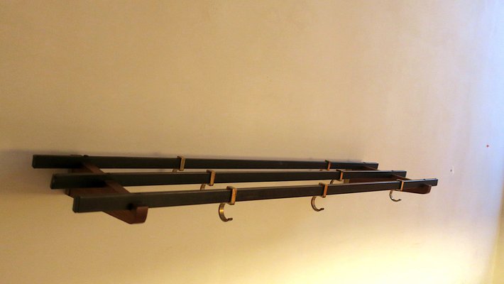 Teak, Brass and Black Metal Coat and Hat Rack, 1960s-ED-1820605