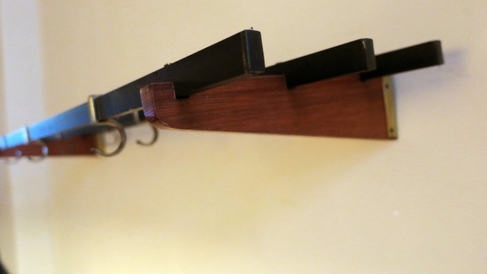 Teak, Brass and Black Metal Coat and Hat Rack, 1960s-ED-1820605