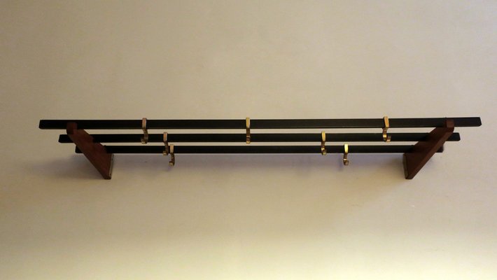 Teak, Brass and Black Metal Coat and Hat Rack, 1960s-ED-1820605