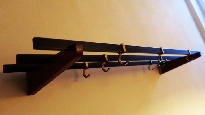 Teak, Brass and Black Metal Coat and Hat Rack, 1960s-ED-1820605