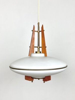 Teak, Brass & Opaline Glass Ceiling Lamp from Stilnovo, Italy, 1960s-LYQ-1171650