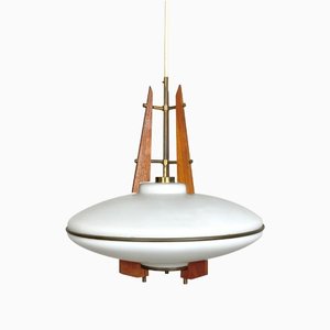 Teak, Brass & Opaline Glass Ceiling Lamp from Stilnovo, Italy, 1960s-LYQ-1171650