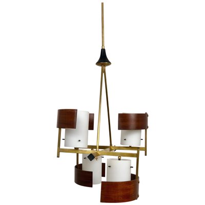 Teak, Brass & Opaline Glass Chandelier Pendant from Stilnovo, Italy, 1960s-LYQ-1171817