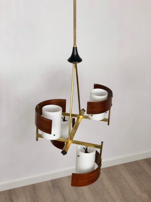 Teak, Brass & Opaline Glass Chandelier Pendant from Stilnovo, Italy, 1960s-LYQ-1171817