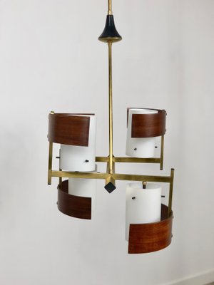 Teak, Brass & Opaline Glass Chandelier Pendant from Stilnovo, Italy, 1960s-LYQ-1171817