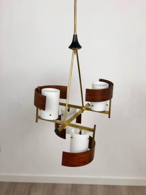 Teak, Brass & Opaline Glass Chandelier Pendant from Stilnovo, Italy, 1960s-LYQ-1171817