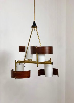 Teak, Brass & Opaline Glass Chandelier Pendant from Stilnovo, Italy, 1960s-LYQ-1171817