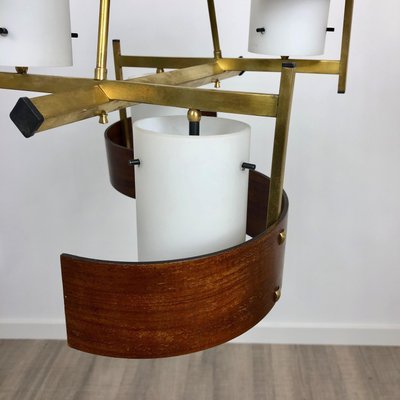 Teak, Brass & Opaline Glass Chandelier Pendant from Stilnovo, Italy, 1960s-LYQ-1171817