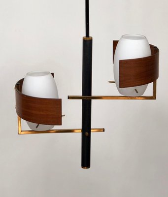 Teak, Brass & Opaline Glass Pendant Light, Italy, 1960s-LYQ-1171576