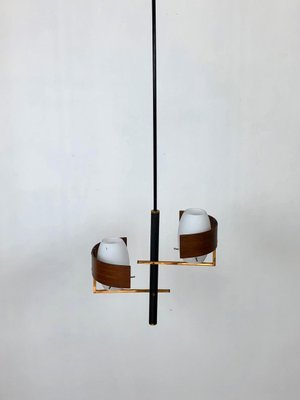 Teak, Brass & Opaline Glass Pendant Light, Italy, 1960s-LYQ-1171576