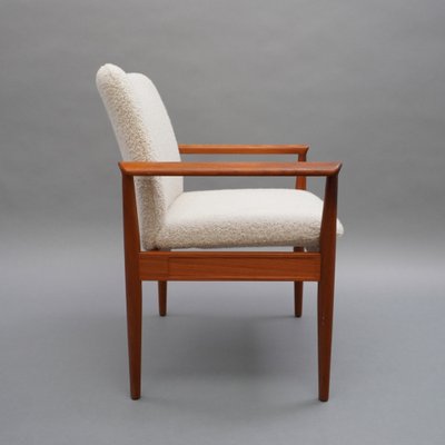 Teak Diplomat Chair in White Bouclé Fabric by Finn Juhl for France & Son-RST-1262729